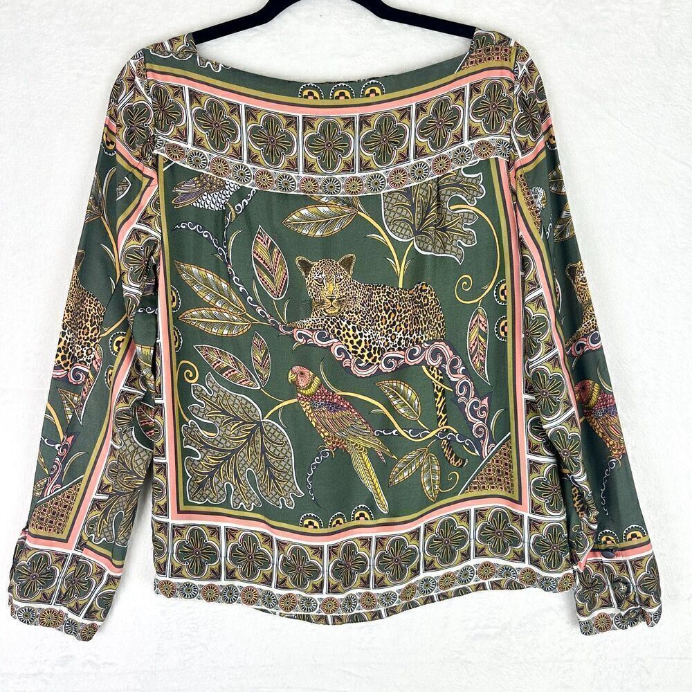 J. Crew Ornate Jungle Drapey Boatneck Top Size XS Long Sleeve Jaguar Bird - Picture 2 of 7